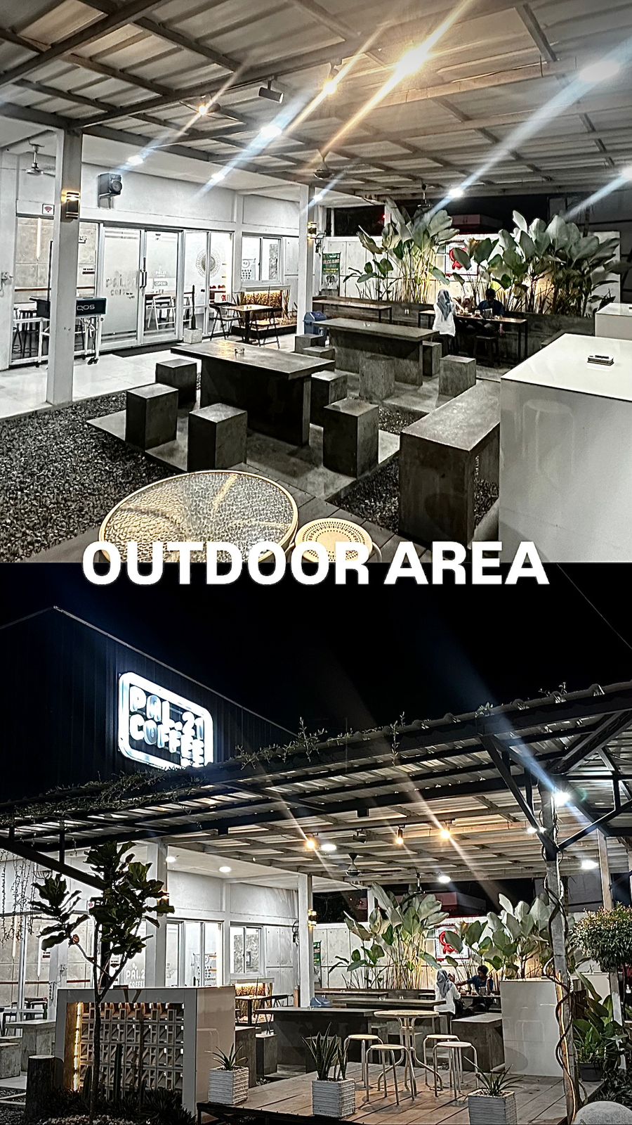 Area outdoor PAL.21 Coffee pada malam hari